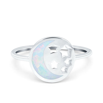 Moon and Stars Ring Band Lab Created White Opal 925 Sterling Silver (12mm)